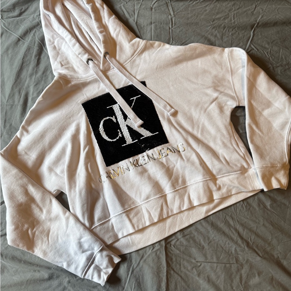 Calvin Klein White and Black flip sequence Logo Hoodie cropped